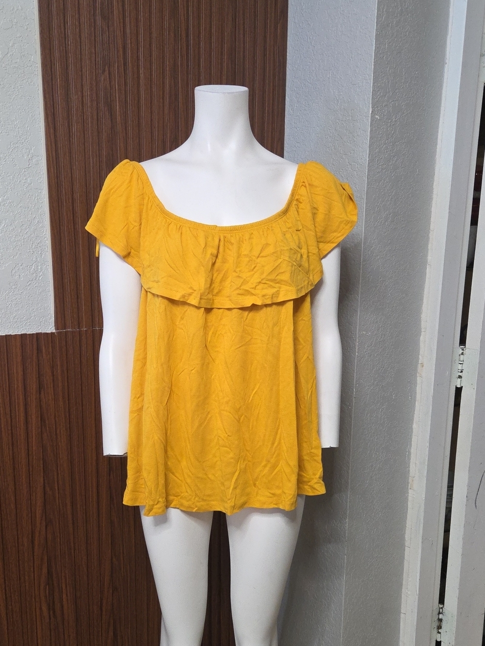Ambiance Mustard Yellow Off-Shoulder Ruffle Top,  3Xlarge